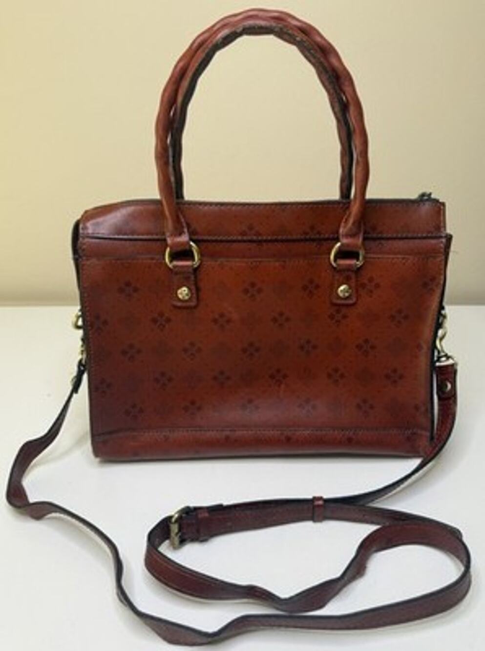 Patricia Nash Josselin Satchel Brown Embossed Leather Dual Handle Zip Top Bag
